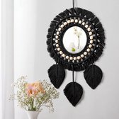 Hangende wandspiegel met macramé franjes, wandmontage, ronde decoratieve spiegel, veer, kunstornament voor woning, huis, slaapkamer, woonkamer (zwart)