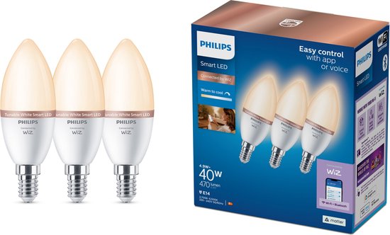 Philips Kaarslamp 40W C37 E14 x3, Intelligente verlichting, Wi-Fi/Bluetooth, Wit, LED, E14, Warm wit
