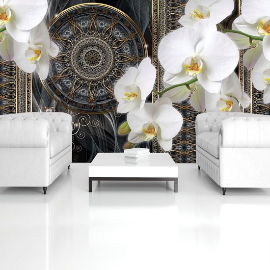 Papier peint photo - Papier peint intissé - Mandala et orchidées - Fleurs - Art - 368 x 254 cm