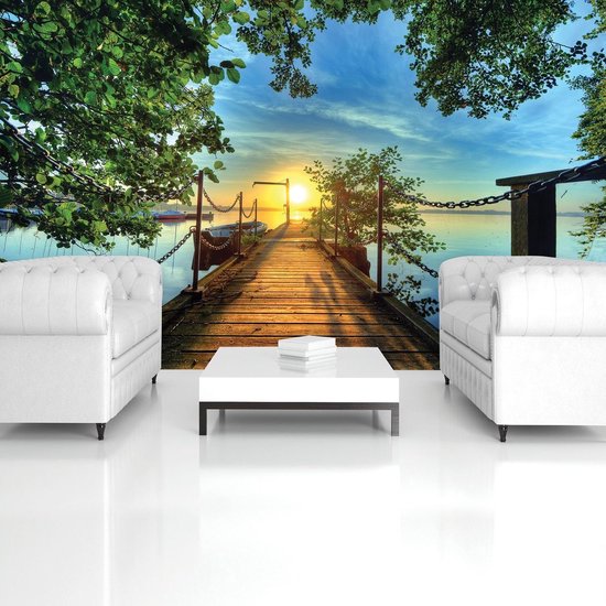 Papier peint photo - Papier peint intissé - Jetée 3D dans le lac avec coucher de soleil - 254 x 184 cm