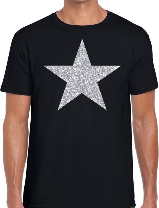Zilveren glitter ster t-shirt voor zwart heren - shining star shirt voor heren XXL