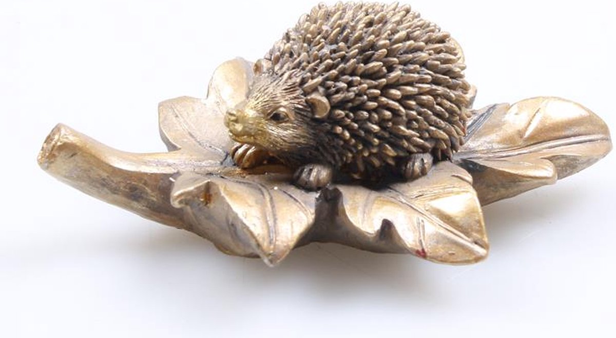 Beeld egel op blad goud l10cm