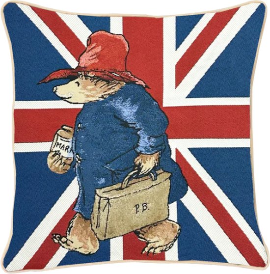 Foto: Kussenhoes luxe gobelinstof paddington bear beertje paddington met engelse vlag 45x45 cm