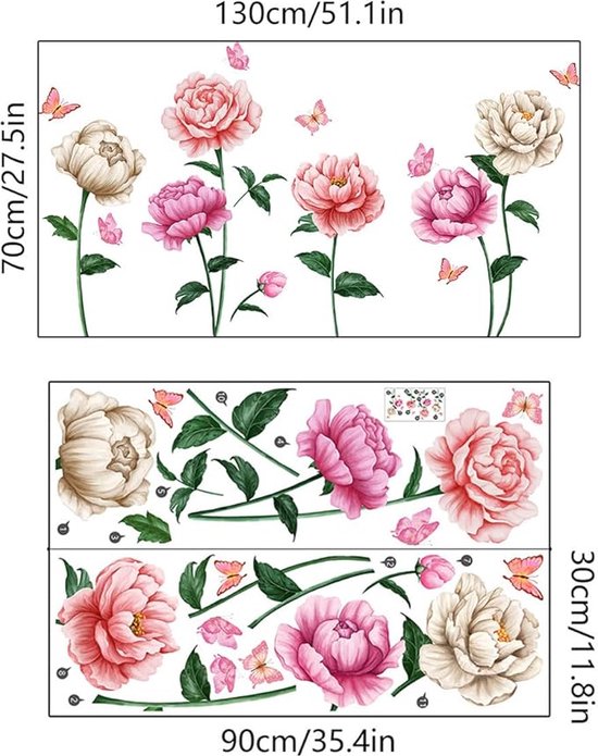 Muursticker salon fleurs papillons rose sticker mural plantes déco papier  peint grand