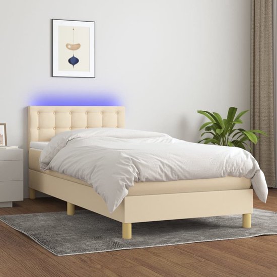 The Living Store Boxspring Bed - Crème - 203 x 100 x 78/88 cm - Verstelbaar hoofdbord - Pocketvering matras - Huidvriendelijk topmatras - Kleurrijke LED-verlichting