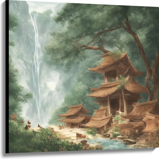 Canvas - Tekening van Boomhut in het Bos aan het Water - 100x100 cm Foto op Canvas Schilderij (Wanddecoratie op Canvas)