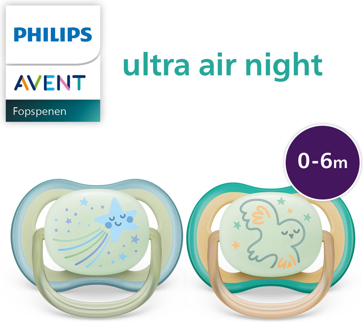 Philips Avent SCF376/18 - Sucette Ultra Air Nuit - 0 à 6 Mois - Lot de 2