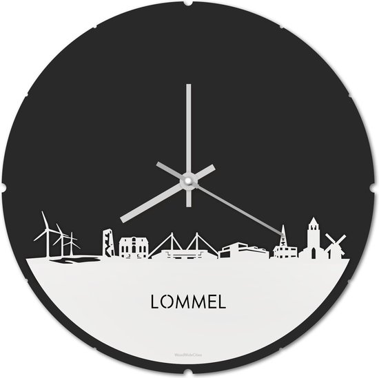 Skyline Klok Rond Lommel Wit Glanzend - Ø 44 cm - Stil uurwerk - Wanddecoratie - Meer steden beschikbaar - Woonkamer idee - Woondecoratie - City Art - Steden kunst - Cadeau voor hem - Cadeau voor haar - Jubileum - Trouwerij - Housewarming -