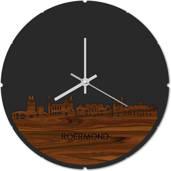 Skyline Klok Rond Roermond Palissander hout - Ø 44 cm - Stil uurwerk - Wanddecoratie - Meer steden beschikbaar - Woonkamer idee - Woondecoratie - City Art - Steden kunst - Cadeau voor hem - Cadeau voor haar - Jubileum - Trouwerij - Housewarming -