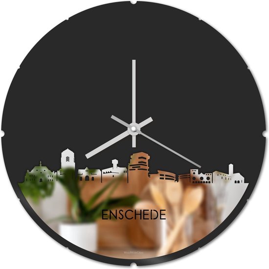 Skyline Klok Rond Enschede Spiegel - Ø 44 cm - Stil uurwerk - Wanddecoratie - Meer steden beschikbaar - Woonkamer idee - Woondecoratie - City Art - Steden kunst - Cadeau voor hem - Cadeau voor haar - Jubileum - Trouwerij - Housewarming -