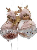 Viv! Christmas Kerstornament - Pluche Engel op Kerstbal incl. LED Verlichting - set van 2 - roze - 17cm