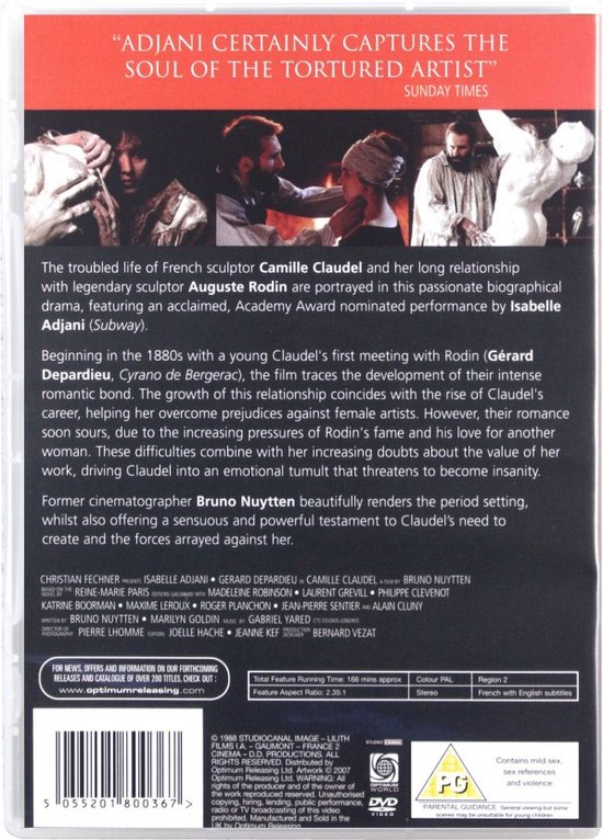 DVD hoes met de titel "ADJANI CERTAINLY CAPTURES THE SOUL OF THE TORTURED ARTIST" en een foto van sculpturen en acteurs.