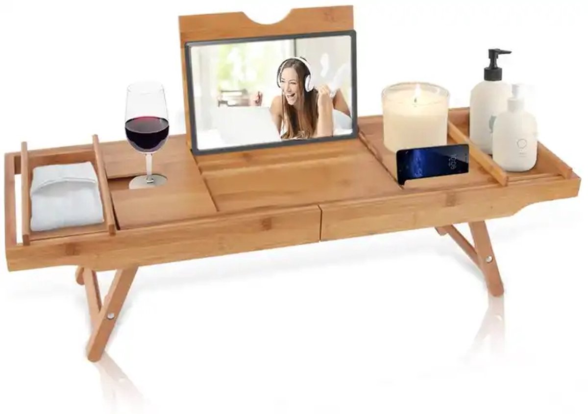 Badplank- Hout- Wijntafel- Badtafel- Verstelbaar en inklapbaar- 109*23cm- Bamboe- Boekenhouder- Tablet houder-Bad plank- Badplank voor in bad- Boekensteun- Tablethouder — cadeau in Wonen & Interieur - foto 6