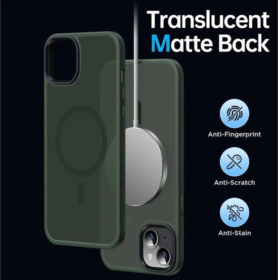 Donkergroen hoesje met mat transparante achterkant, magnetische ring, anti-vingerafdruk, anti-kras en anti-vlek.