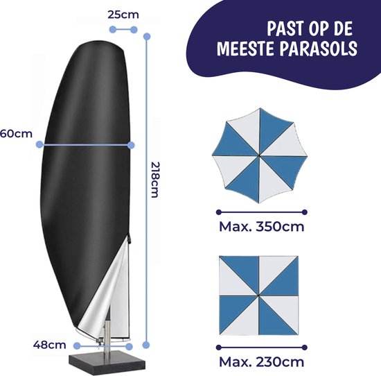 Housse de parasol - Jusqu'à ⌀350 cm max - Avec fermeture éclair, cordon de serrage et housse de rangement - Housse de protection pour parasol flottant et parasol sur pied - Housse imperméable - Housse pour parasol suspendu