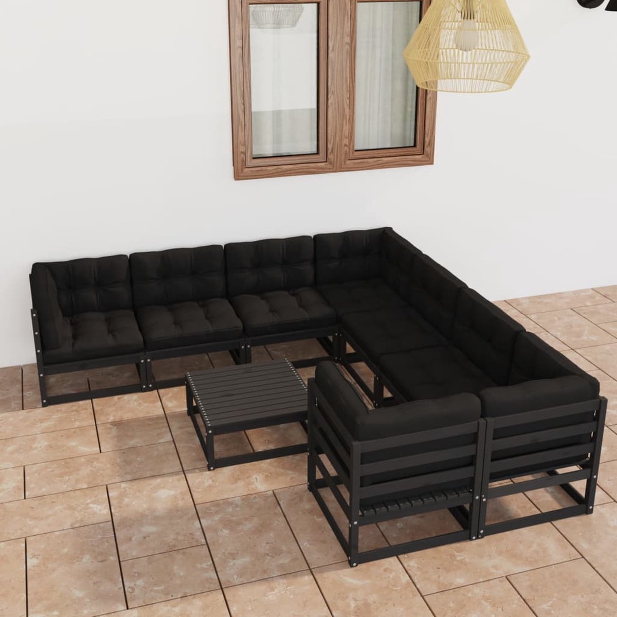The Living Store 9-delige Loungeset met kussens massief grenenhout zwart - Tuinset - Lounge Set - Houten Loungestoel - Buitendining - Terrasstoel