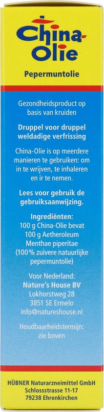 Gele verpakking China Olie, pepermuntolie, 25 ml. Beschrijft gebruik en ingrediënten.