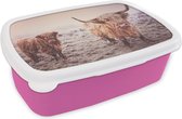 Broodtrommel Roze - Lunchbox - Brooddoos - Schotse hooglanders - Licht - Lucht - Natuur - 18x12x6 cm - Kinderen - Meisje