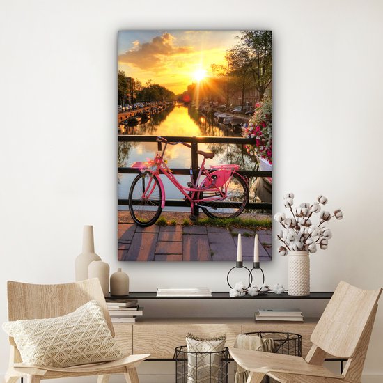 Peinture sur toile Amsterdam - Canal - Coucher de soleil - Fleurs - Vélo - 80x120 cm - Décoration murale