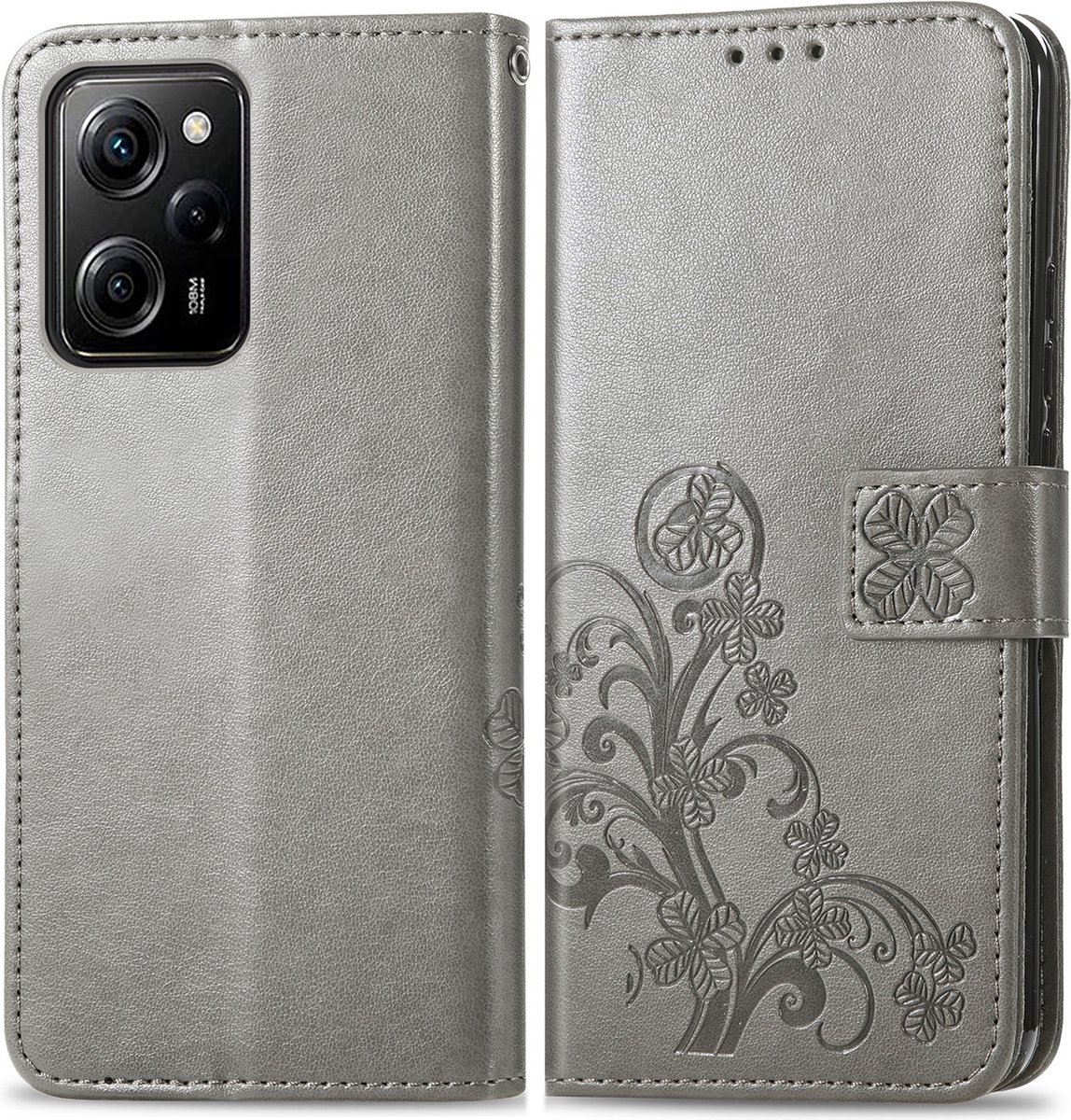 Mobigear Telefoonhoesje geschikt voor POCO X5 Pro Hoesje | Mobigear Clover Bookcase Portemonnee | Pasjeshouder voor 3 Pasjes | Telefoonhoesje voor Pinpas / OV Kaart / Rijbewijs - Grijs
