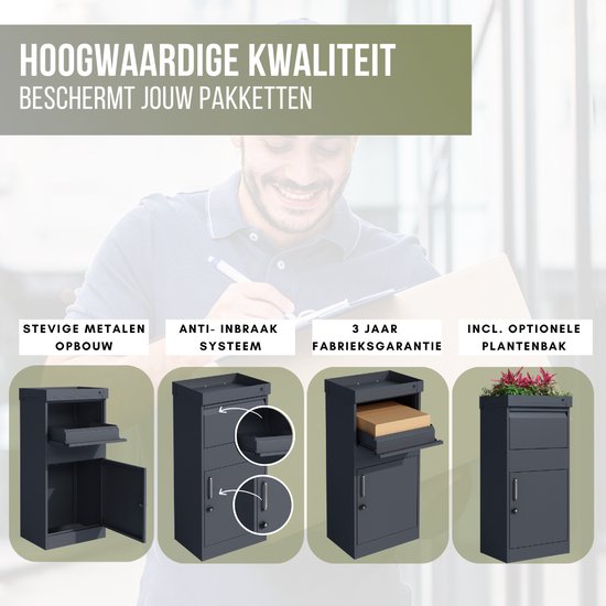 Wiltec pakketbox zwart 460 x 450 x 1400 mm, pakketbrievenbus voor pakketaanname thuis, geschikt voor pakketten en dozen van formaat S en L, vrijstaande brievenbus