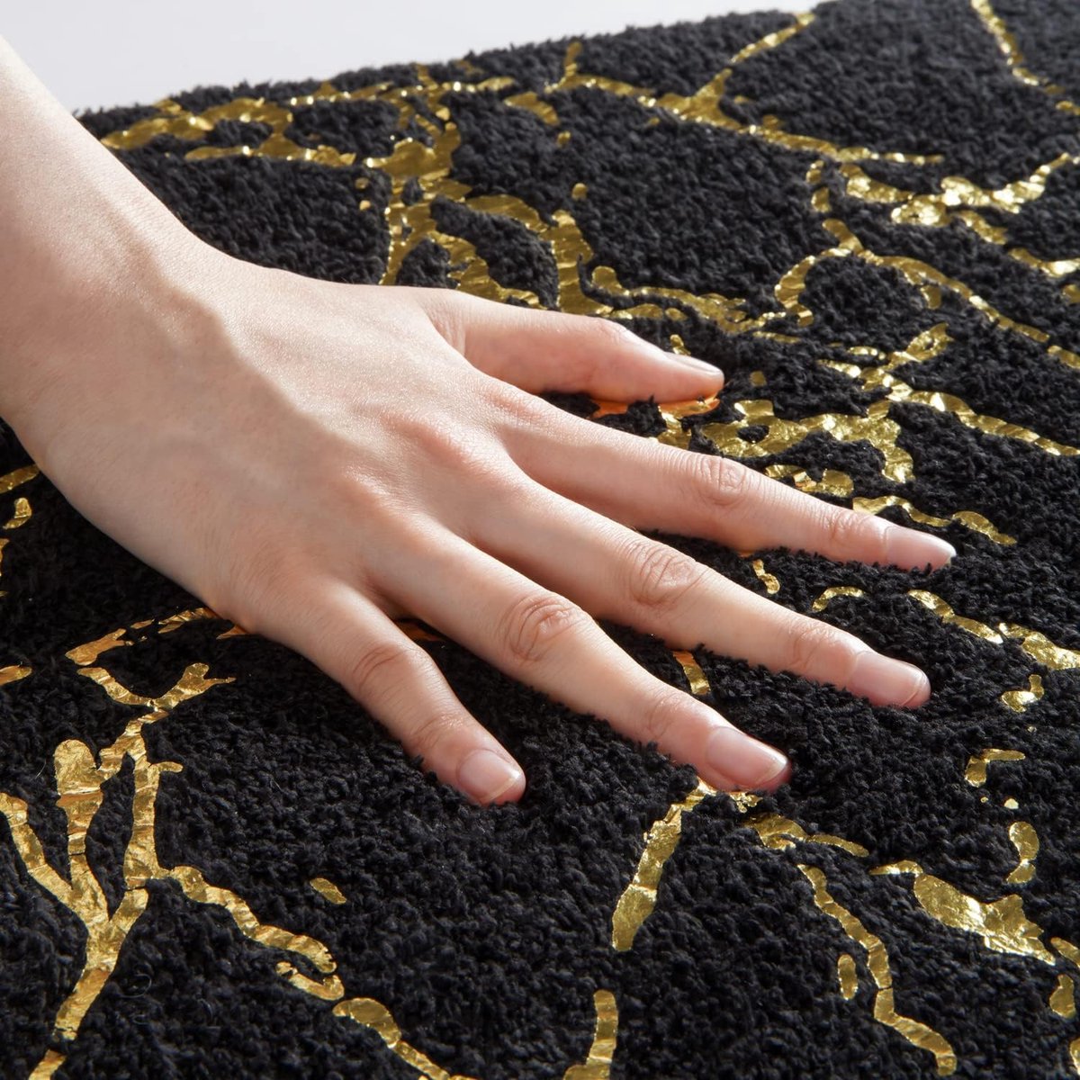Luxe badmat, badkamertapijt, douchemat, badmat, badgarnituur, set van 2 in wit goud, meanderpatroon, 100% acryl, antislip, wasbaar, pluizige vloerverwarming, wit, set van 2