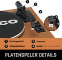 Details platenspeler: 1 Contragewicht, 2 Veiligheidsklem, 3 Toonarm, 4 Naald (Audio Technica AT-3600).