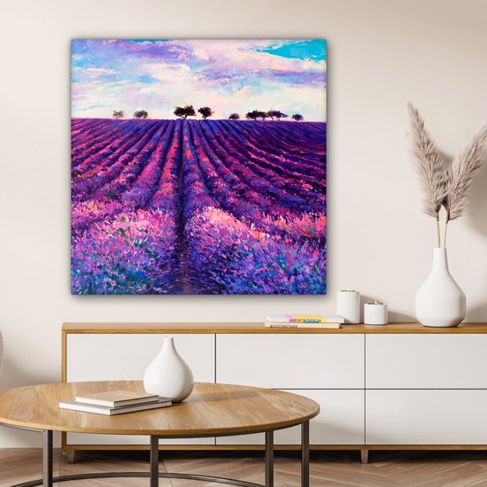 Toile - Huile - Fleurs - Lavande - Peinture - Violet - 90x90 cm - Décoration murale - Intérieur