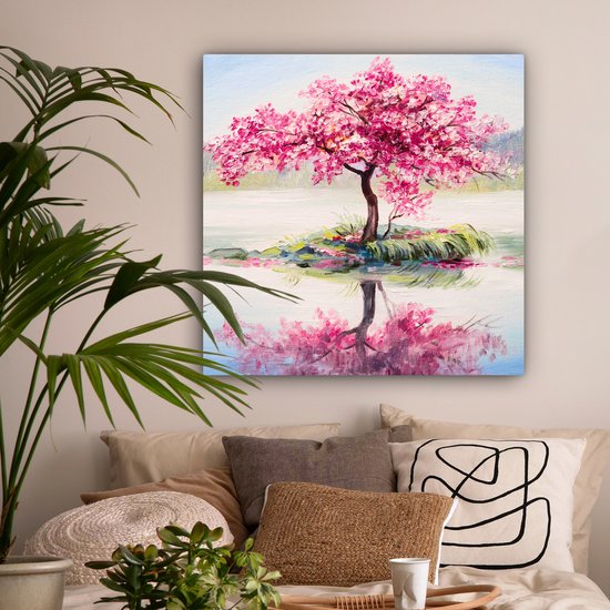 Toile - Arbre fleuri - Sakura - Peinture à l'huile - Water - Nature - 90x90 cm - Peintures sur toile - Toile canvas - Décoration murale
