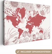 Canvas Wereldkaart - 60x40 - Wanddecoratie Wereldkaart - Roze - Wit