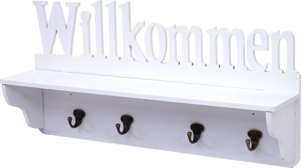 MCW Wandkapstok MCW-D41 Welkom, kapstok plank, 4 haken solide 30x60x13cm ~ wit