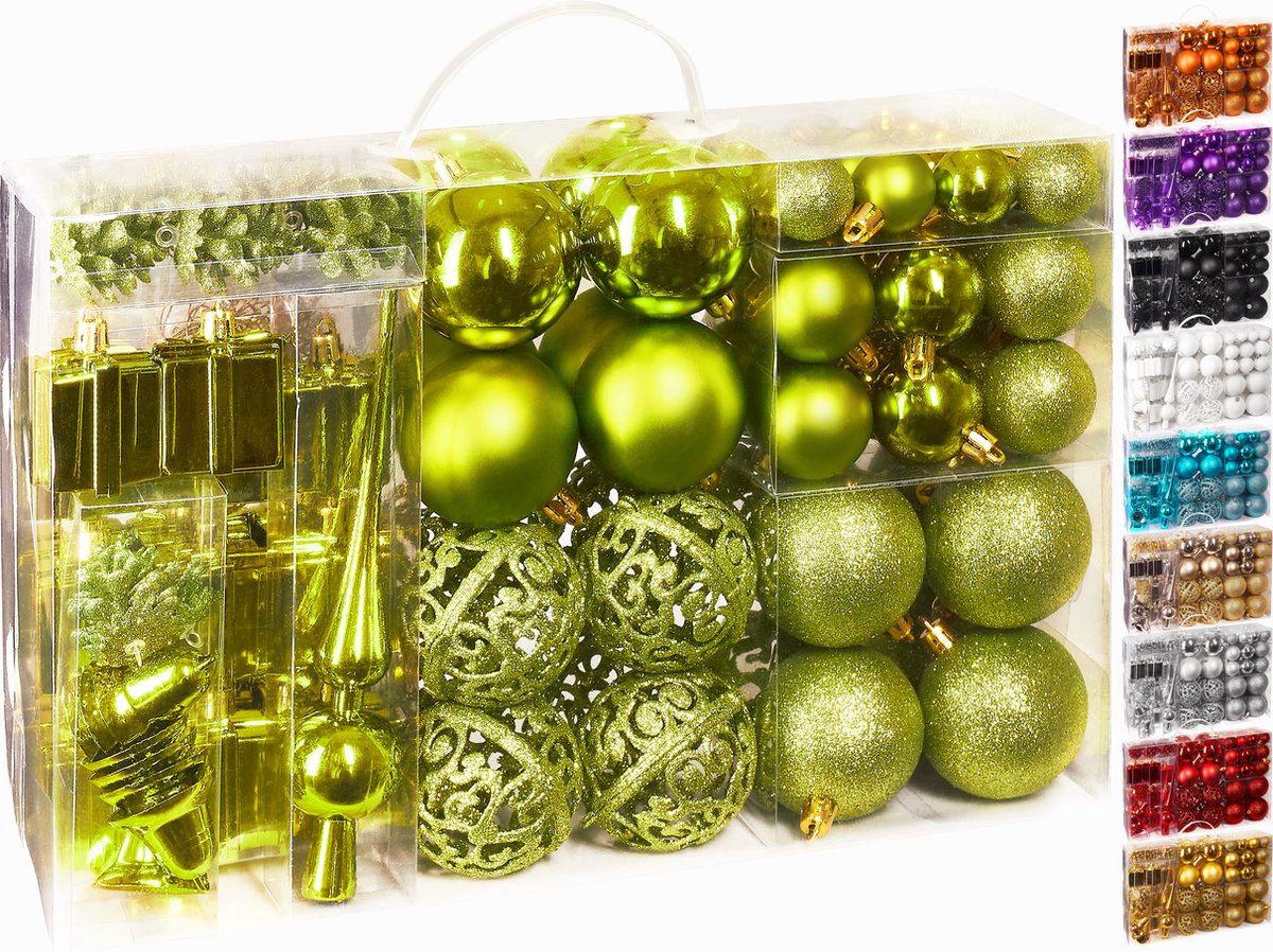 BRUBAKER Kerstballen - Set met Dennenappels, Kerstklokken, Geschenken, Kerstboompiek - Kerstboomversiering - 101 delen - Groen