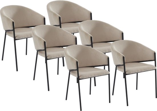 PASCAL MORABITO Set de 6 chaises avec accoudoirs en velours côtelé et métal noir - Blanc crème - ORDIDA - par Pascal Morabito L 53 cm x H 80 cm x P 61 cm