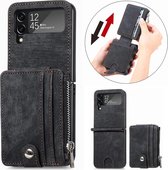 Portemonnee hoesje zwart leren hoesje geschikt voor de geschikt voor Samsung Galaxy Z Flip 4 / Galaxy Flip 4 hoesje - Zwart hoesje van zacht leer geschikt voor Samsung Galaxy Flip 4 - Afneembare portemonnee hoesje zwart