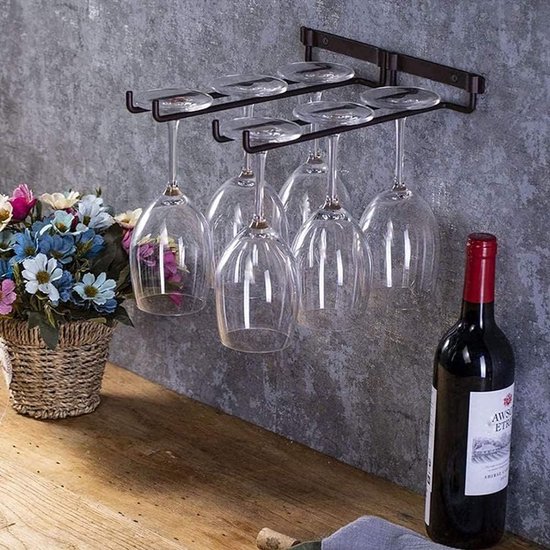 YunNasi Wijnglashouders Glazenhouders van Metaal Glazenrailhouder onder de kast Wijnglas Rack voor Huisbar keuken Bar Pub Restaurant (Zilver, 4 rijen