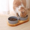 Katten voerbak met houten standaard, keramische kattenbak, voerbak en waterbak voor katten en kleine honden (grijs)