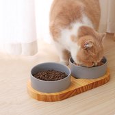 Katten voerbak met houten standaard, keramische kattenbak, voerbak en waterbak voor katten en kleine honden (grijs)
