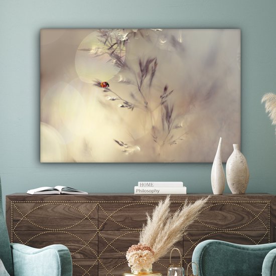 Canvas schilderij - Planten - Lieveheersbeestje - Zon - Natuur - Foto op canvas - 140x90 cm - Canvas doek