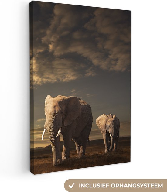 Peinture sur toile - Photo sur toile - Éléphant - Soleil - Nuages ​​- Paysage - Animaux - Décoration murale - 90x140 cm - Tableaux sur toile salon