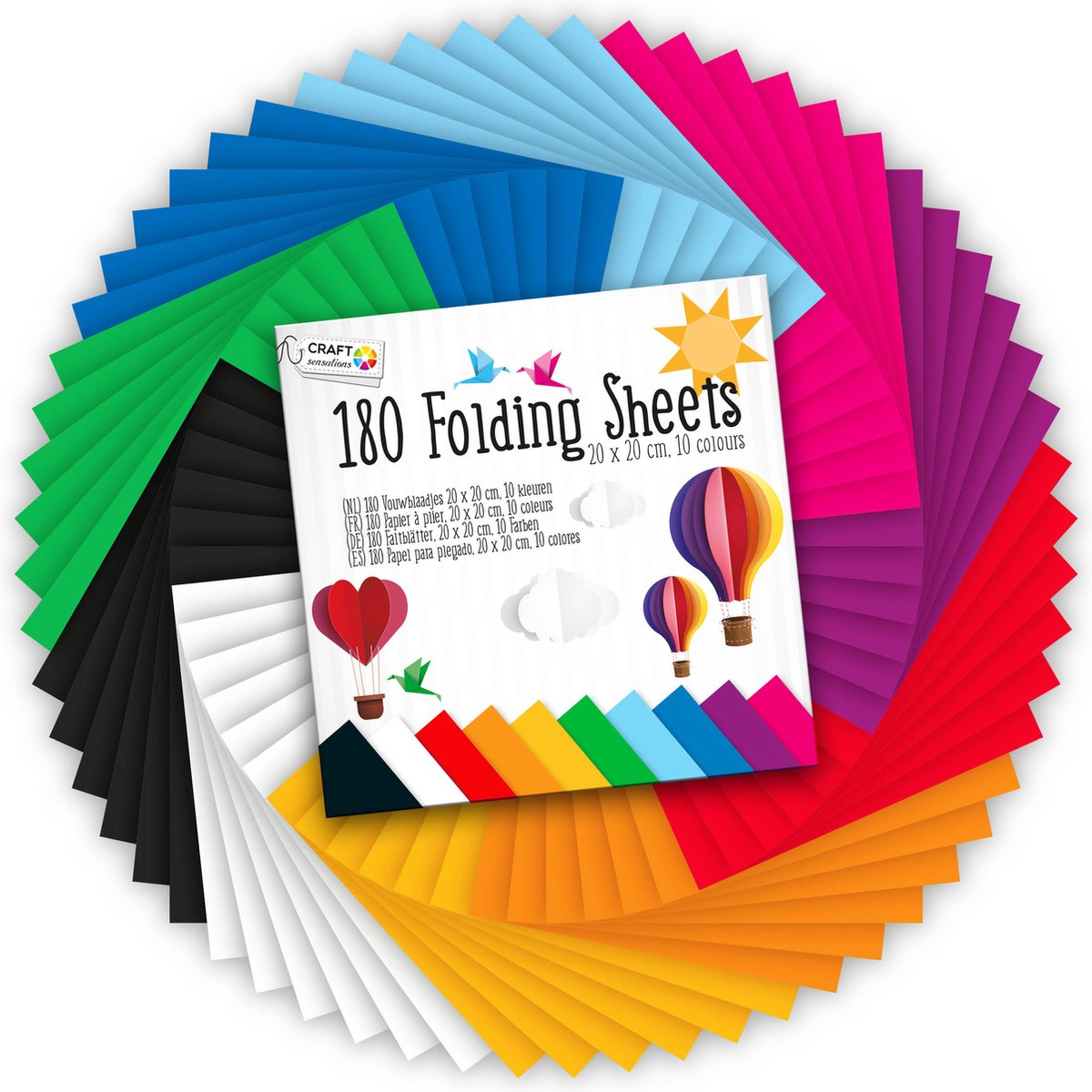 180x Gekleurd papier - knutselpapier - afmeting: 20x20 CM - 10 verschillende kleuren - vouwblaadjes - Origami - Craft Sensations