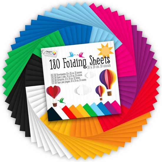 Craft Sensations Origami Papier 180x Gekleurd Papier - Knutselpapier - Vouwblaadjes - 20x20 CM - 10 Kleuren