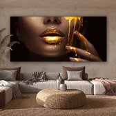 Canvas schilderij lippen goud 160x80 - Kamer decoratie accessoires - Gouden schilderijen vrouw woonkamer - Wanddecoratie slaapkamer - Muurdecoratie keuken - Wall decoration - Wanddoek interieur binnen - Woondecoratie huis - Woonaccessoires