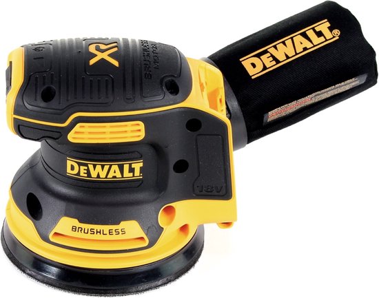 DeWalt excenterschuurmachine met stofzak, zwart met gele accenten en 18V aanduiding.