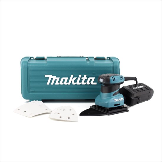 Turquoise Makita opbergkoffer, schuurmachine met delta schuurzool en schuurvellen.