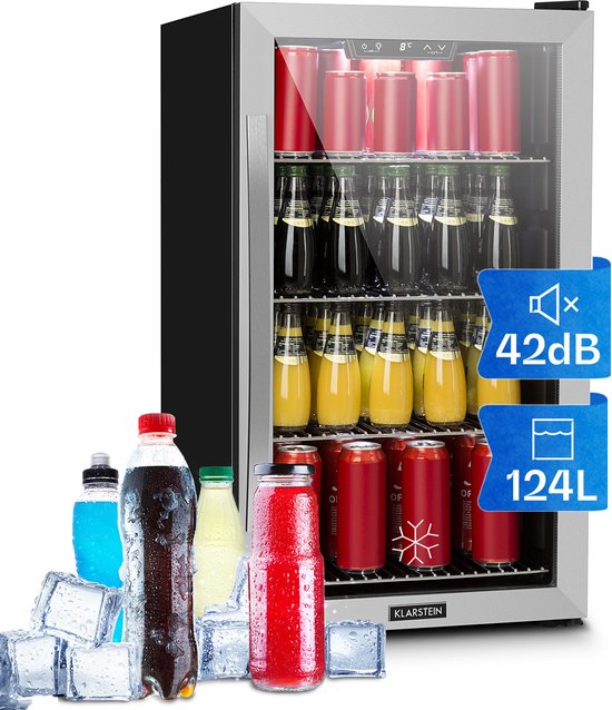 Klarstein mini koelkast met glazen deur, mini-koelkast voor kamers, drankkoelkast klein met verstelbare schappen, kleine koelkast 124 liter, indoor/outdoor koelkast stil