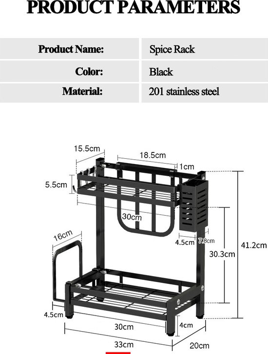 Productparameters: Zwart kruidenrek van 201 roestvrij staal, met afmetingen.
