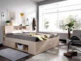 Bed met hoofdeinde met opbergruimte en lades - 140 x 190 cm - Kleur: naturel + bedbodem + matras - LEANDRE L 218.5 cm x H 95 cm x D 149.6 cm
