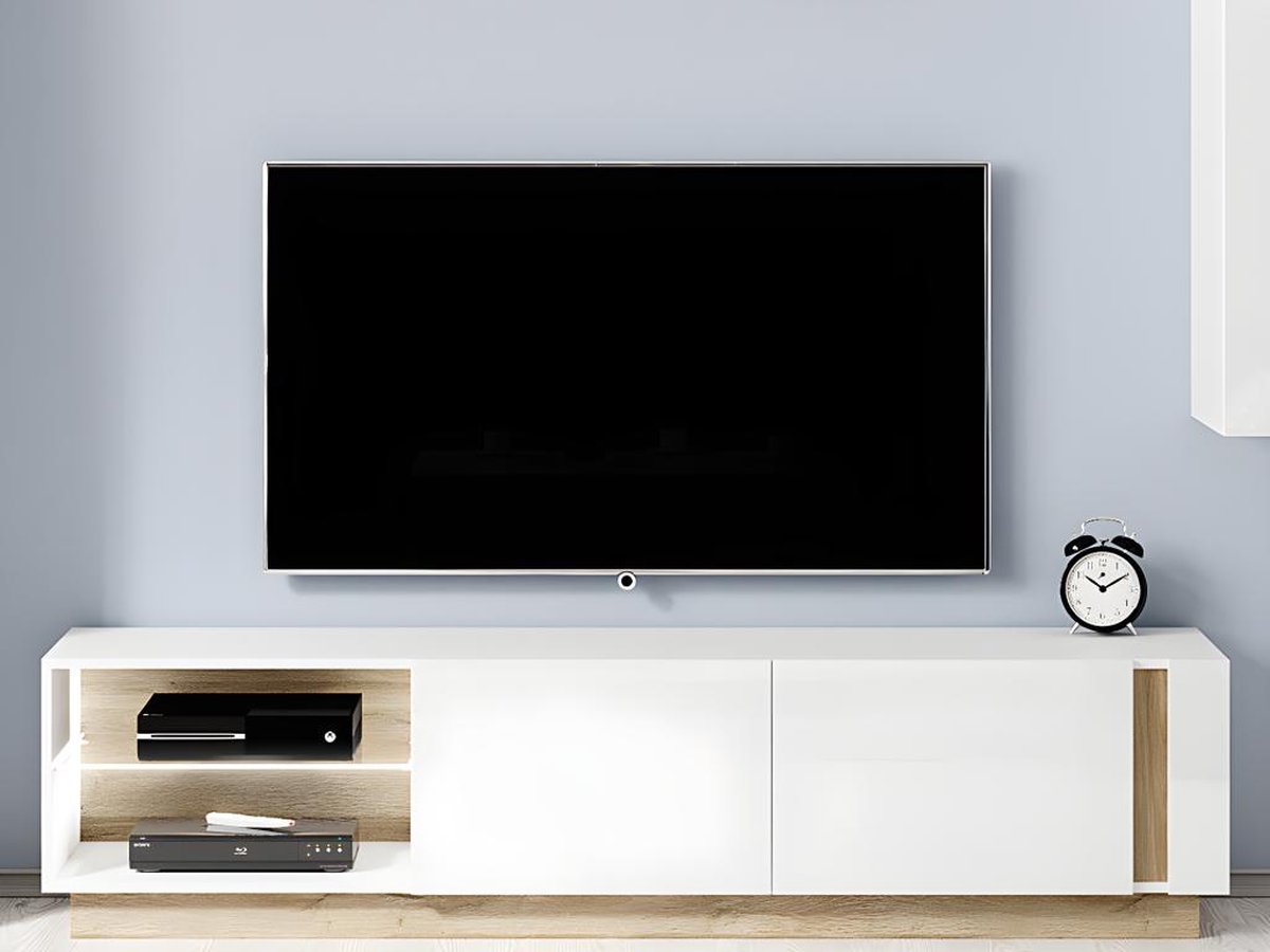 Vente-unique TV-meubel MURARI - 2 deuren en 2 nissen - met ledverlichting - Hoogglans wit en eiken