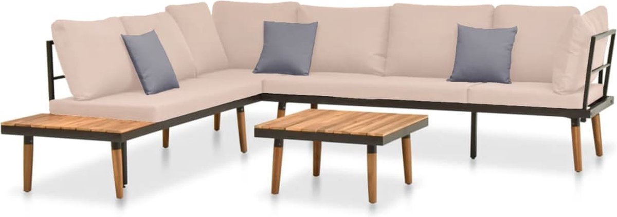 Loungeset van massief acaciahout met kussens - Buitendecoratie in tuinsetting.