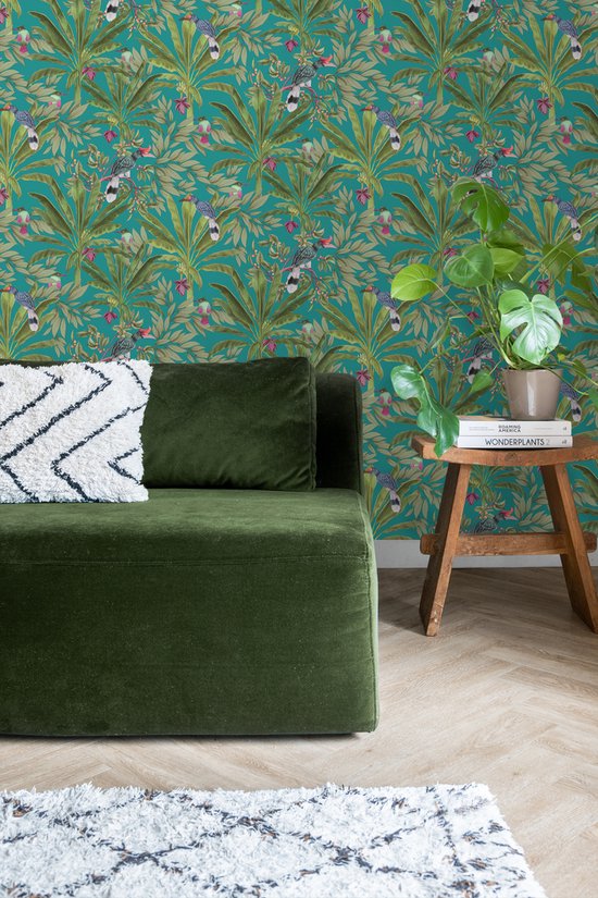 Papier peint ESTAhome feuilles de jungle tropicale et oiseaux de paradis bleu pétrole et vert jungle - 0- 0,53 x 10,05 m